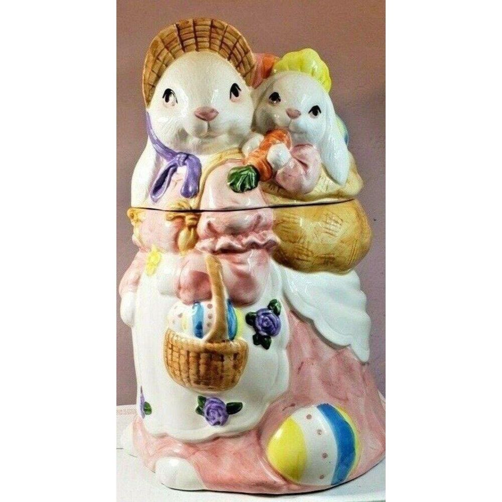 Vintage Hand Painted Easter Bunny Cookie Jar Mommy & Baby Rabbits Wicker Hat